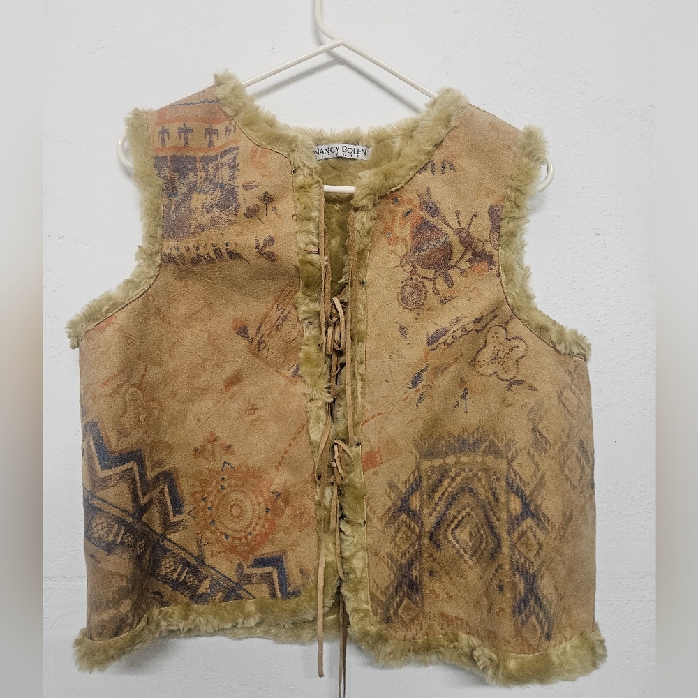 Vintage Nancy Bolen Tan Native American Southwest  Faux Suede Fur Vest Sz s/m